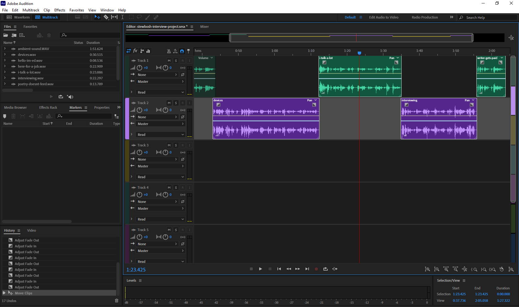 Moving multiple sound bites in the Multitrack Session